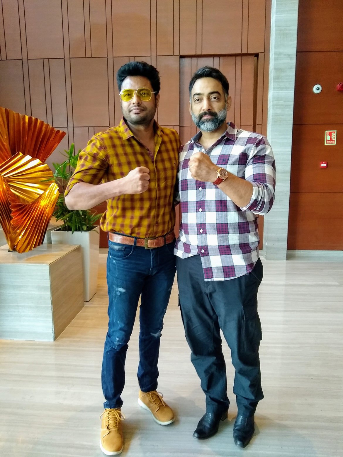 Actor Dev Kharoud with Actor Manav Vij during the trailer launch of movie DSP DEV.